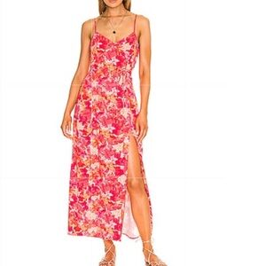 L*Space Harper Tropical Floral Maxi Slip Dress with Fabric Belt & High Split Lg